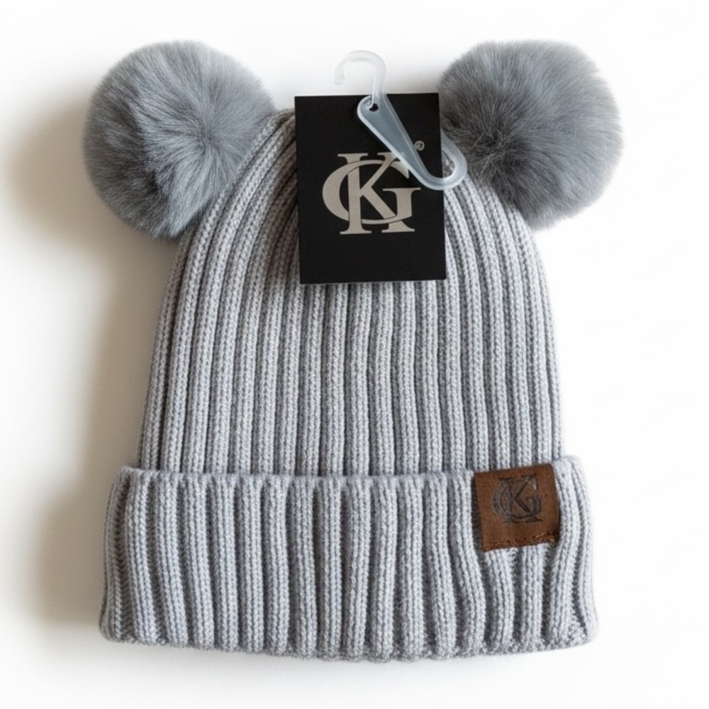 NWT KG Double Pom Knit Beanie Faux Fur Lined Cozy Winter Hat Toddler Girls Gray